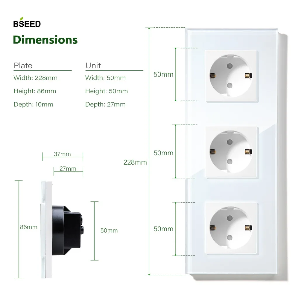 BSEED тройное гнездо питания стандарта ЕС белый черный Gloden кристалл стеклянная панель 110-240 в электрическая розетка ЕС