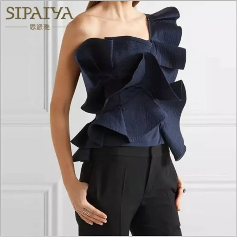 

Brand Quality Fashion One shoulder Ruffles Blouse Shirt Women tops 2019 Sexy Irregular Butterfly Sleeve Casual Striped Shirts