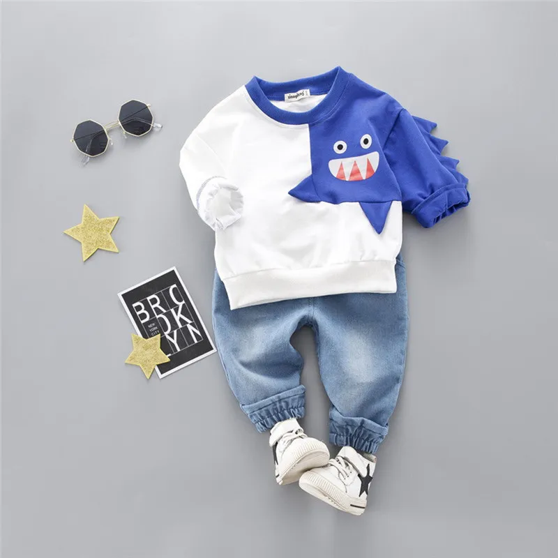  Boys clothes Child Kids Winter Boys Cartoon Shark Long Sleeve Tops Denim Pants Outfits Set #4j22 (12)