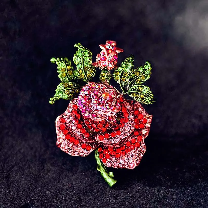 Morkopela Large Flower Brooch Pin For Dresses Beautiful Luxury Pins And Brooches Crystal Bouquet Brooch Clothes Scarf Clip - Metal color: red