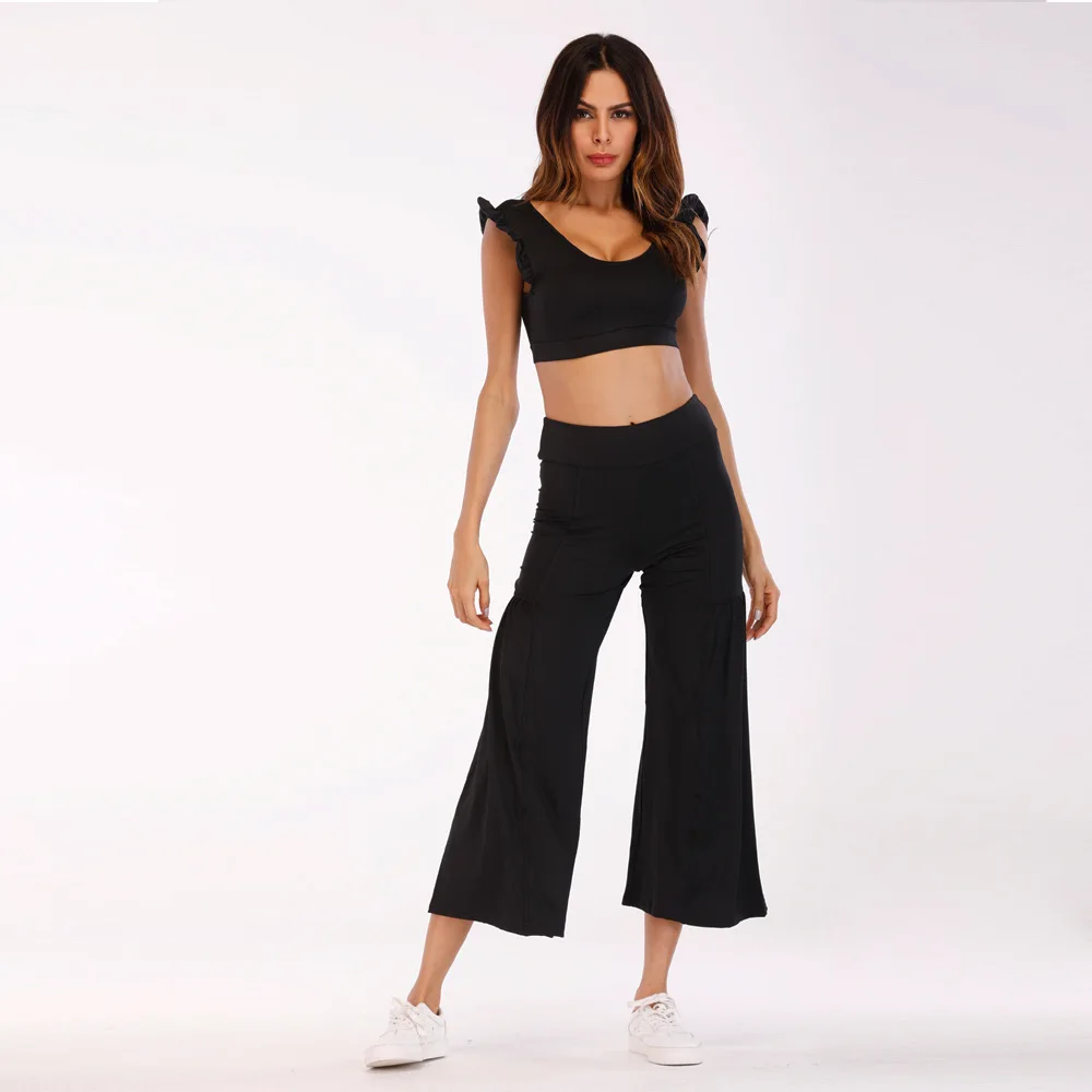 Women Sporting Tracksuit Two Piece Set Fitness Crop Tops Wide Leg High