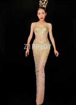 Fashion New Design Gold Rhinestones Mesh Dress Female Singer Birthday Mesh See Through Costume Wear Fashion New Design Gold Rhinestones Mesh Dress Female Singer Birthday Mesh See Through Costume Wear