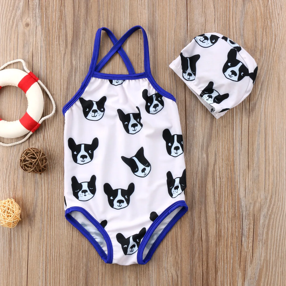 

Hot Summer Kids Baby Girl Bulldog Print Sleeveless Swimsuit Swimwear Swimming Suit Beachwear+Hat Bathing Suit