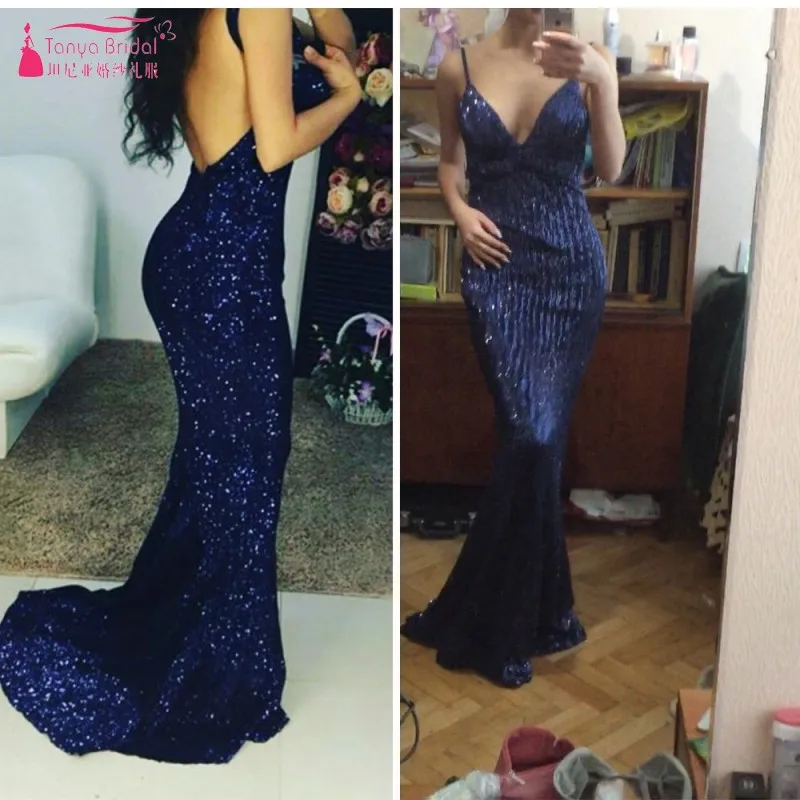

Gorgeous Long Evening Dress Mermaid vestido de festa Sexy Backless Luxury Gold Sequin Formal Party Dress Prom Gowns DQG564