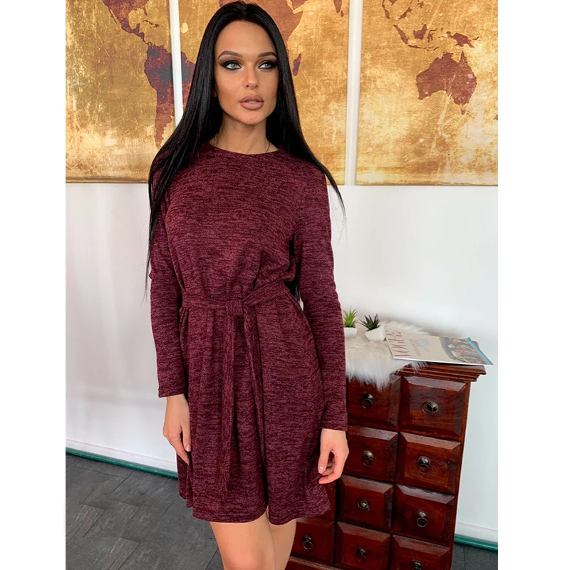 Women O Neck Sashes Mini Loose Dress 2018 Autumn Winter New Fashion Solid Casual Party Elegant Lady Sexy A Line Dresses | Женская одежда