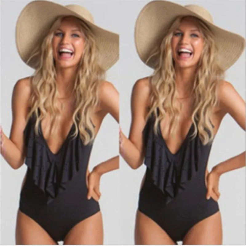 Summer Black Womens Deep V-neck Swimwear One-piece Swimsuit Ruffles Bikini Monokini Push Up 2018 New Ladies Bikinis Bathing Suit | Спорт и