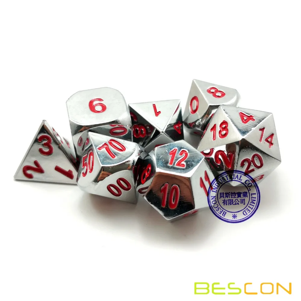 Bescon Heavy Duty блестящий хромированный металл игральная кость набор из 7, Твердые металлический хромированный многогранные ролевые игры w/красные цифры