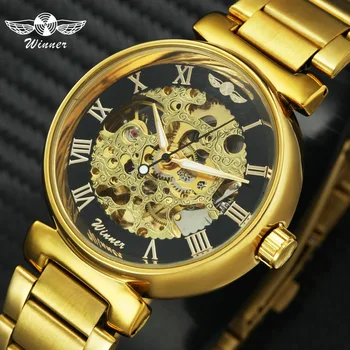 

WINNER Royal Golden Roman Automatic Women Watches Luminous Hands Stainless Steel Top Brand Luxury Mechanical Skeleton Watch