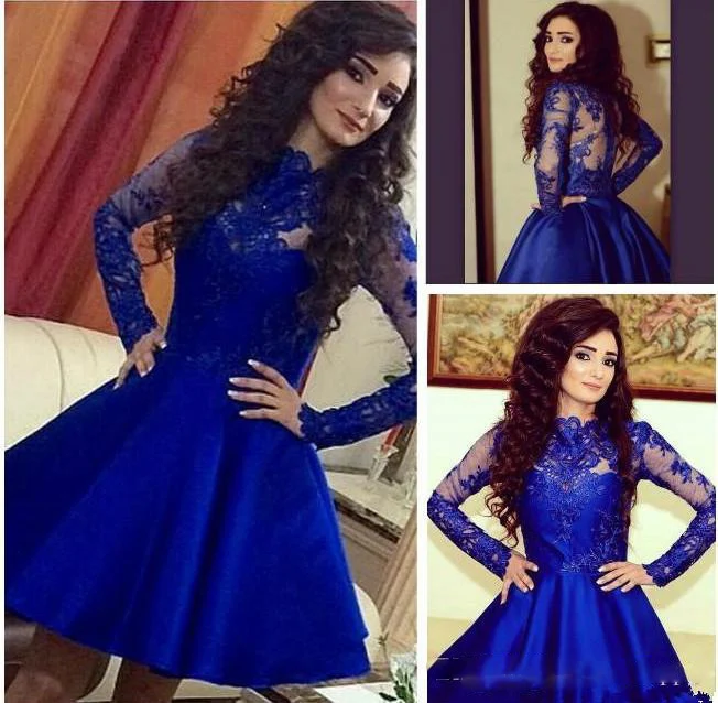 

2017 Stylish Royal Blue Graduation Dresses Illusion Sleeves Vintage Short Prom Dresses Vestidos Graduacion Evening Party Gowns