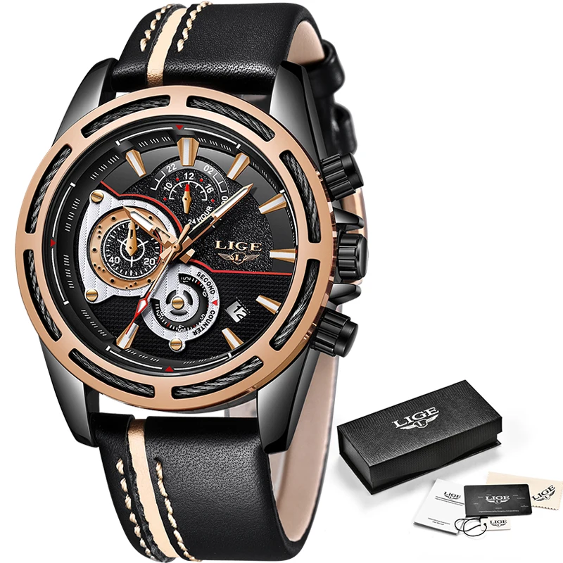 

Relojes Hombre 2019 New LIGE Quartz Wrist watch Male Big Dial Silver Black Leather Watches Men Wild Sport Waterproof Chronograph