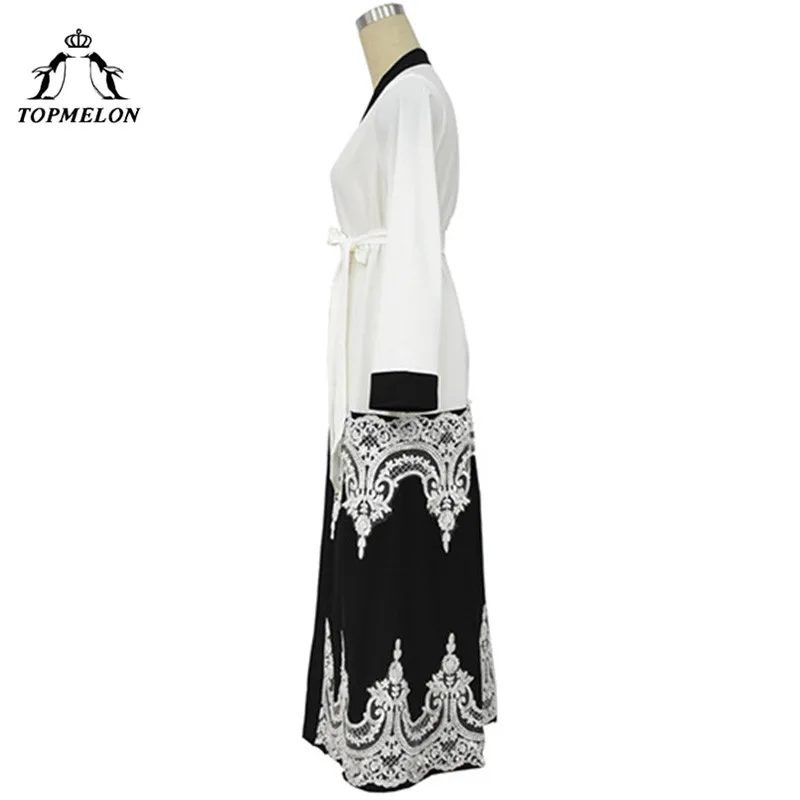 TOPMELON модные мусульманская одежда костюмы черный, белый цвет Кружево украшены абайя для женщин турецкий Дубай