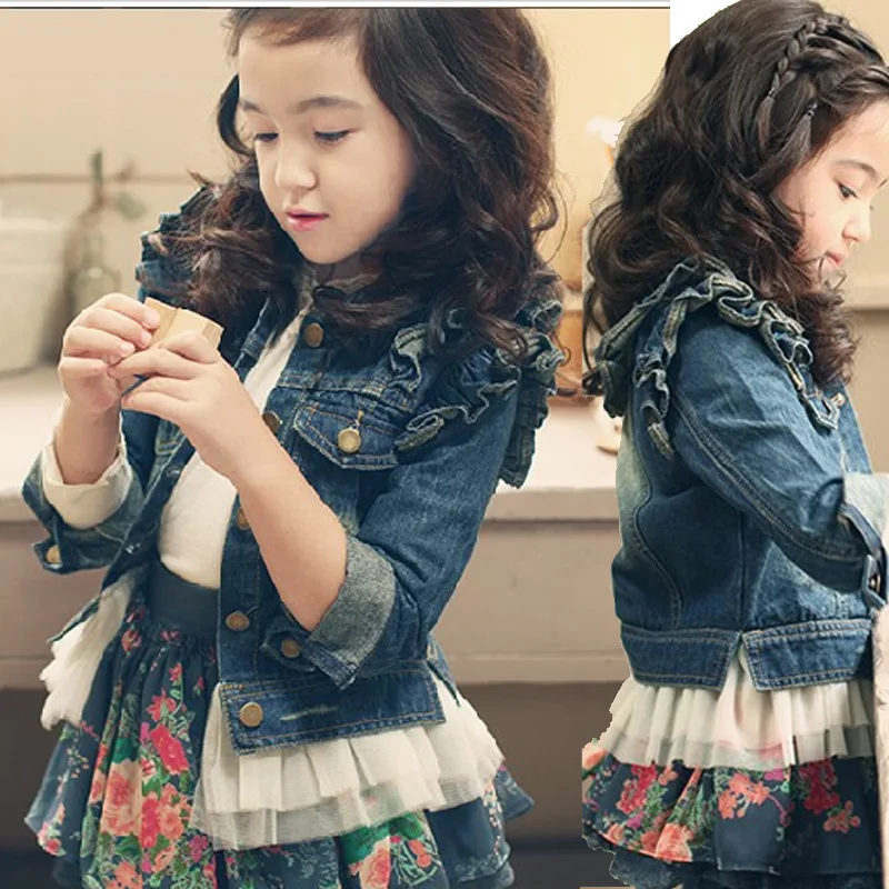 Girls Outerwear Baby Girl Clothes 2016 Fall Winter Fashion Lace Hem Toddler Kids Denim Jacket Long Sleeve Cute Girls Jean Coat