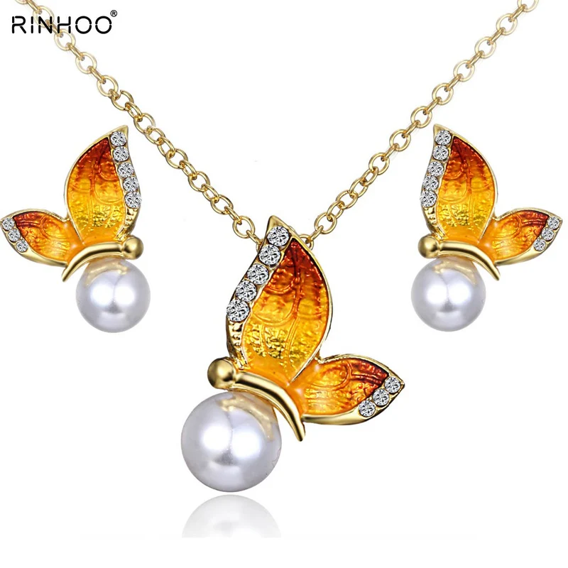 

Free shipping Fashion full rhinestone butterfly imitation pearl Earrings and Necklace Jewelry Set wholesale for women