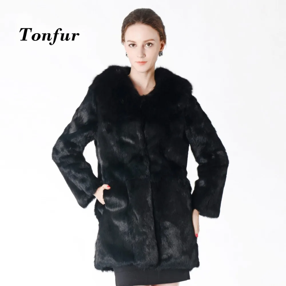 

Luxury Big Genuine Full pelt Rabbit Fur Coat With Real Natural Fox Fur Collar Hot Wholesale Customize Plus Size Overcoat TBNT653