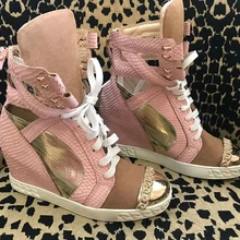 Г., Весенняя популярная женская повседневная обувь из кожи питона розового цвета на шнуровке женские туфли на высоком каблуке с металлическим носком золотистые кожаные Лоскутные туфли