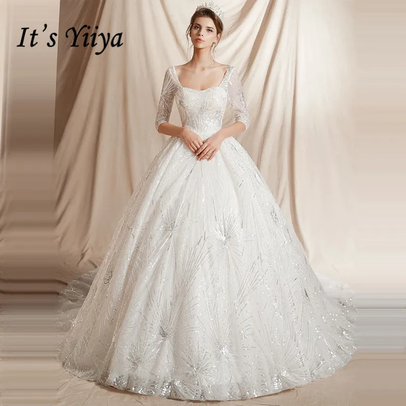 

It's YiiYa Wedding Dress 2019 Shining Half Sleeve Luxury Wedding Dresses Plus Size Elegant Lace Up Train vestido de noiva G087
