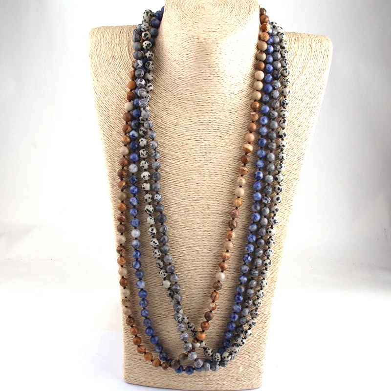 Fashion Semi Precious Stones Beads Statement Necklaces long Knotted Beads Necklace