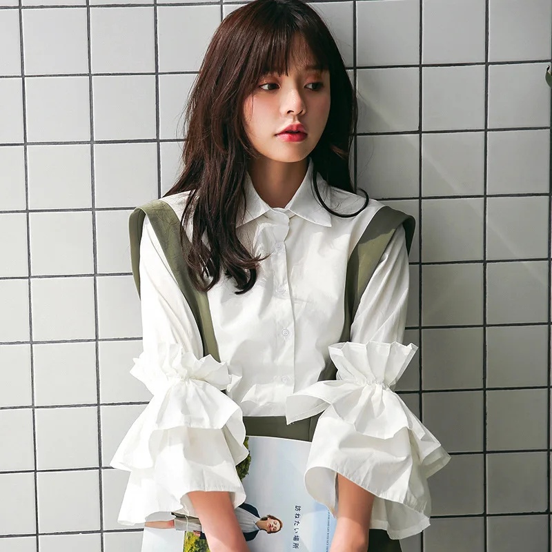

2018 Autumn Fashion Women Korean Sweet White Layer Large Reffles Blouse Preppy Style Simply Splicing Ladies Shirts Tops Clothing