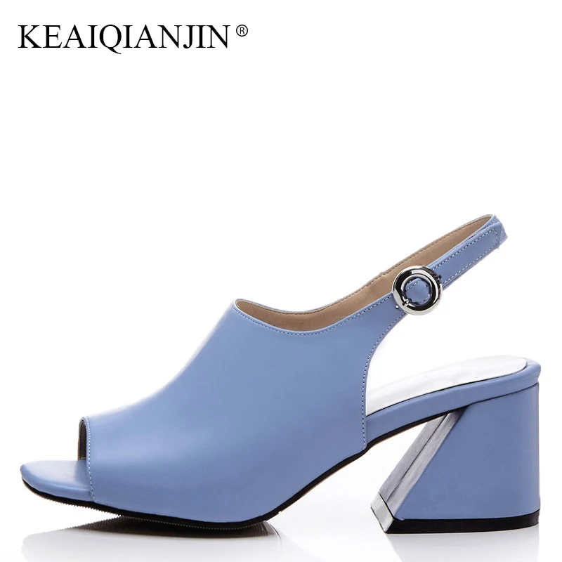 

KEAIQIANJIN Woman Summer Pink Peep Toe Sandals Fashion High Heeled Shoes Plus Size 33 40 Genuine Leather Black Open Toe Sandals