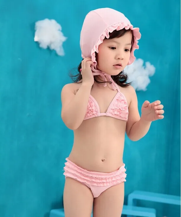 Распродажа запасов милых купальников для маленьких девочек с оборками, 3 предмета, бикини+ шапочка, пляжная одежда для малышей, купальный костюм