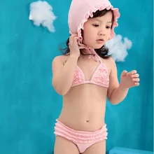 Распродажа запасов милых купальников для маленьких девочек с оборками, 3 предмета, бикини+ шапочка, пляжная одежда для малышей, купальный костюм