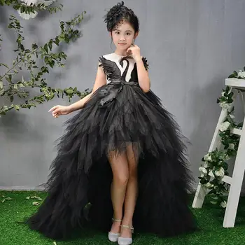

Flower Girls Trailing Dress for Kids Ball Gown Long Wedding Dresses Princess Swan Feather Birthday Dress Children Runway Dress