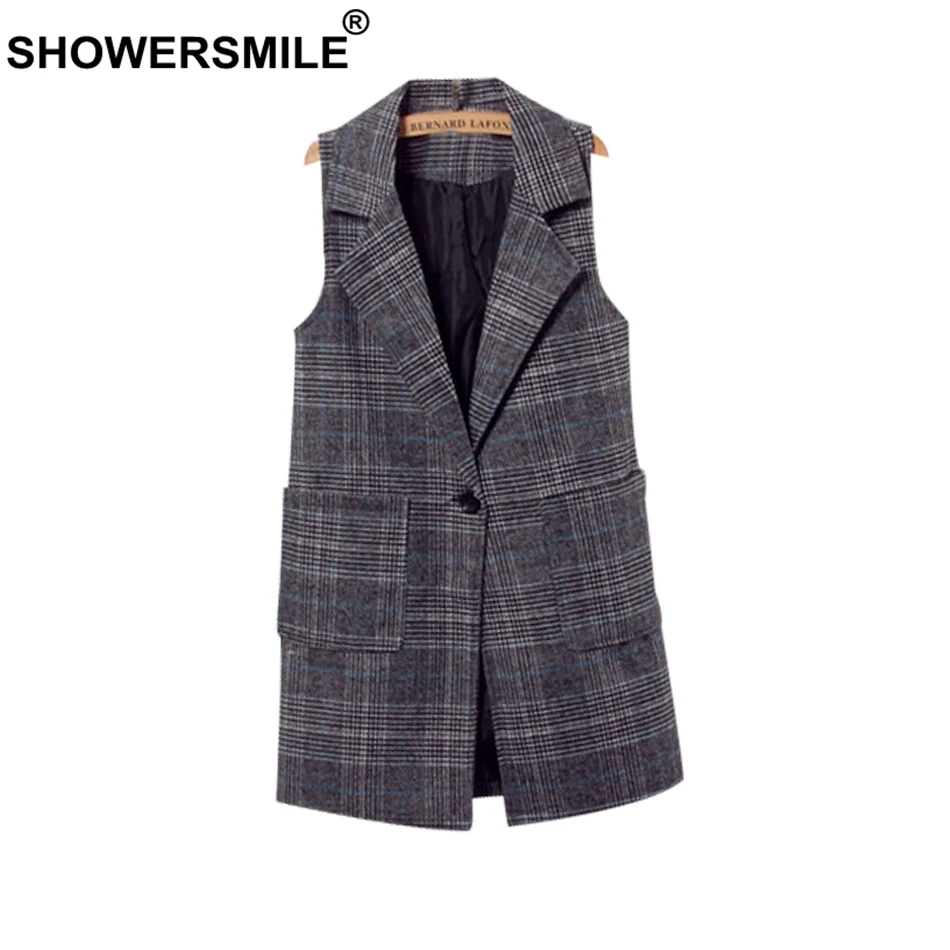 SHOWERSMILE Plaid Vest Women Gilet Long Spring Casual Waistcoat Female Sleeveless Jacket With Pockects 2019