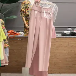 2018 новый осень розовый Для женщин прямые брюки корейский полной длины Повседневное Свободные Элегантные Стиль высота талии Универсальные