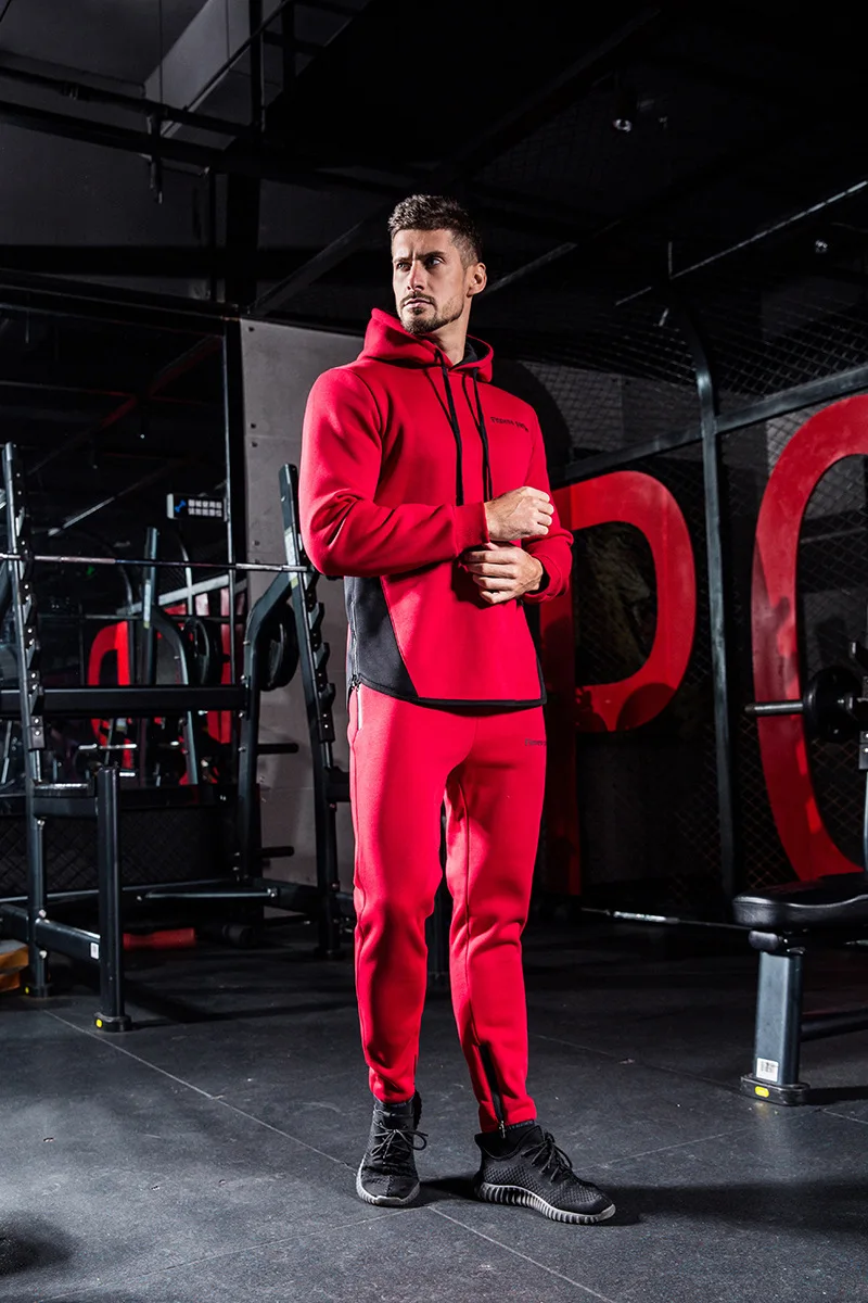 Спортивный костюм, спортивный костюм для мужчин, Осень-зима, плюшевый, для тренажерного зала, для фитнеса, толстовка+ штаны, набор, для бега, для мышц, мужская спортивная одежда - Цвет: Red Set