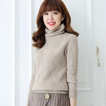 

JECH autumn and winter new women's cashmere turtleneck pullover solid color diamond square lattice hooded cashmere sweater