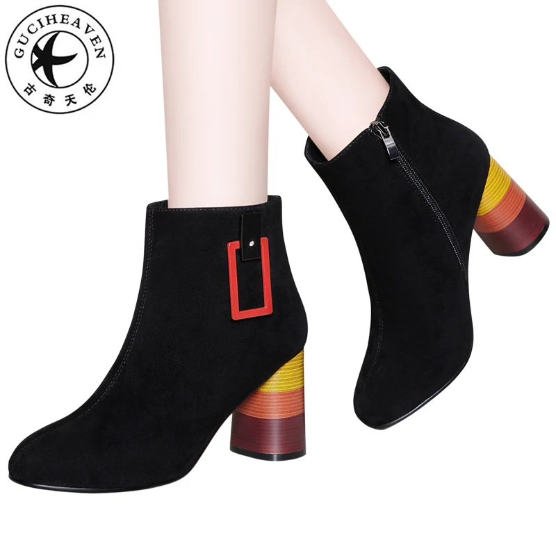 

Guciheaven2018 High Heels Pumps 7cm Ankle Women Boots Parrot Mixed Colors Winter Short Plush Warm Office Casual Microfiber Shoes