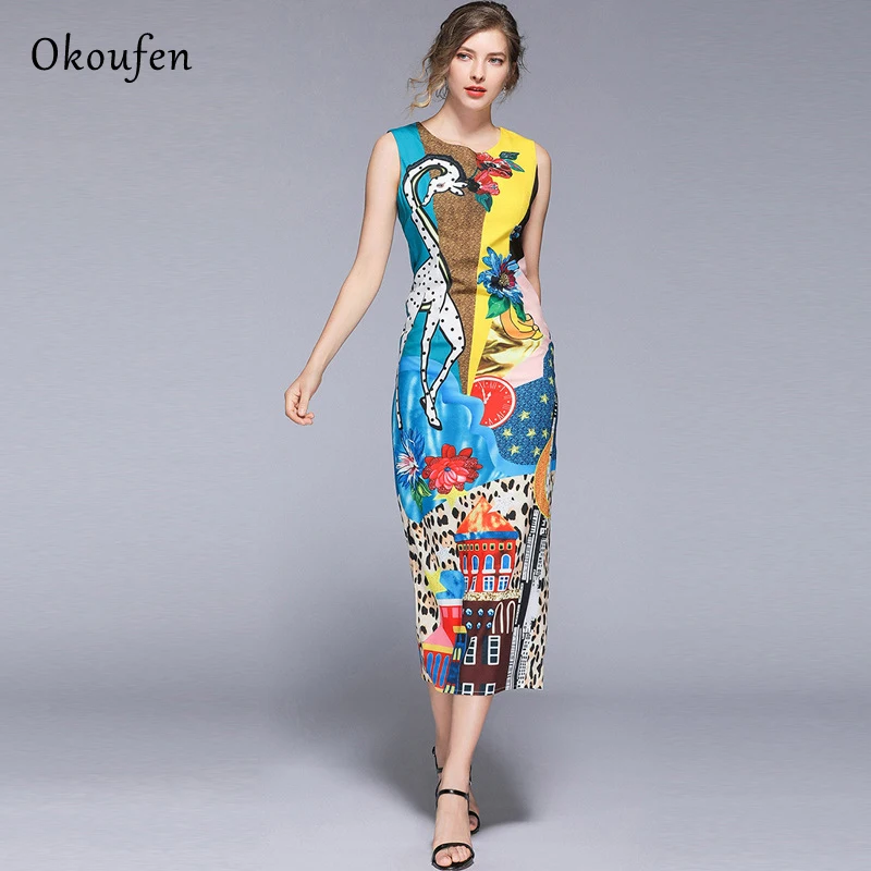 

OKOUFEN 2019 New Women's Wear Summer Round-collar Sleeveless Fashion Printed Classic Dresses Slim Soft and Comfortable ZX0025