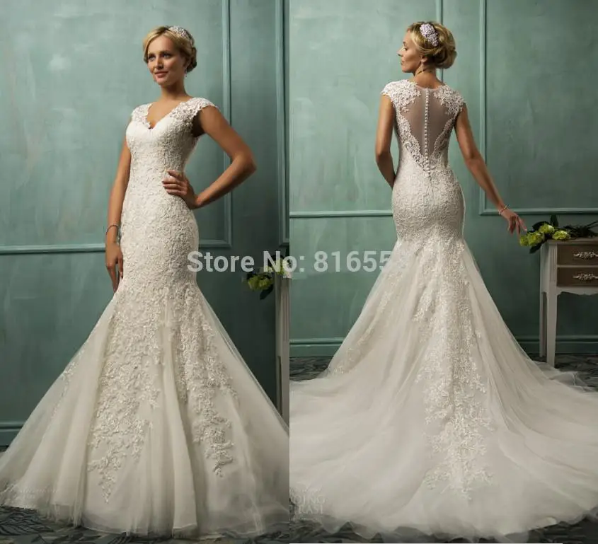 New Illusion Backless V Neck Cap Sleeve Mermaid Wedding Dresses 2014 Tulle Lace Appliques Chapel train Vestido De Noiva W40 | Свадьбы и