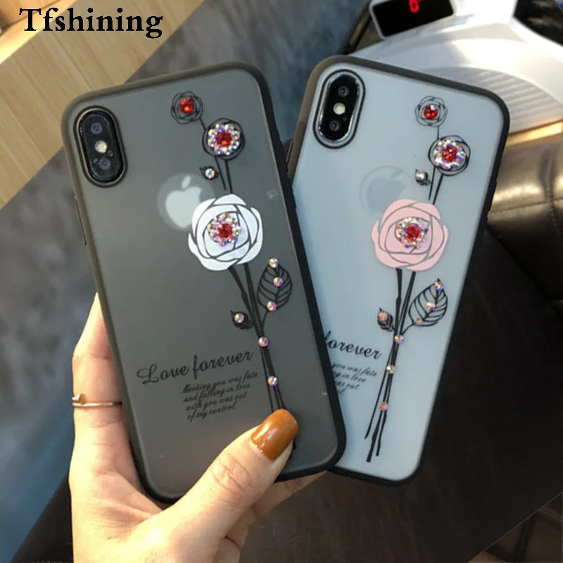 Tfshining Fashion Rose Flower Cases for iphone X XS 6 6s 7 8 plus Soft TPU Bumper Hard PC Plastic Matte Diamond Case Coque | Мобильные