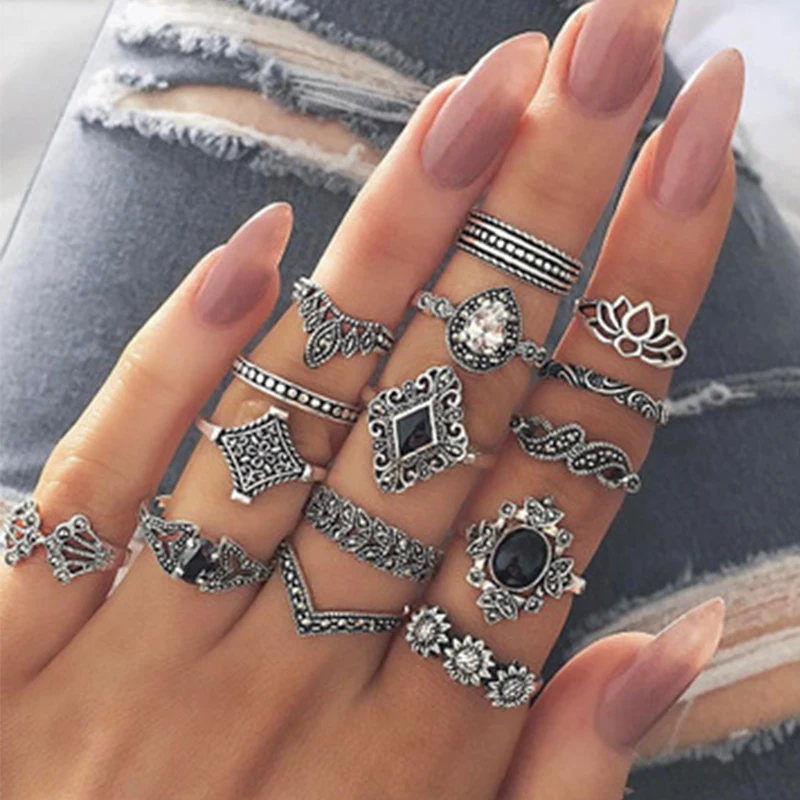 

Miss JQ 15 pcs/set Silver Color Hollow Lotus Opal Vintage Rings Women Knuckle Rings Set for Women Mid Finger Ring Thin Rings