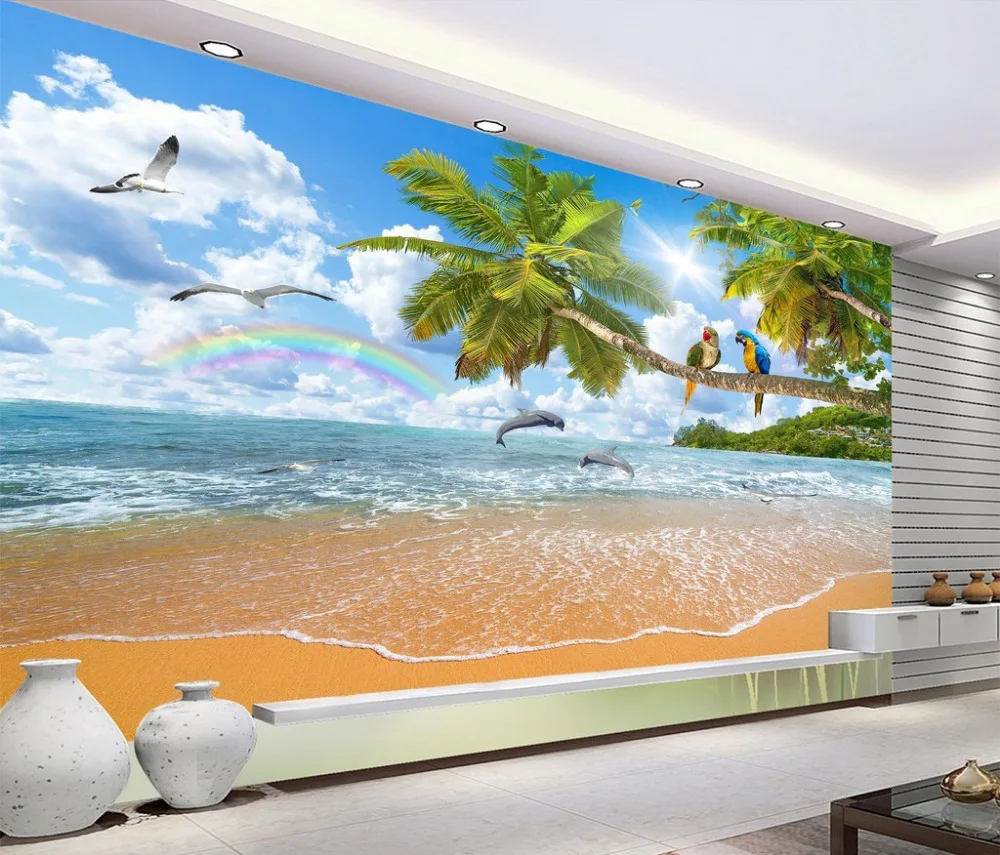 Водостойкие самоклеящиеся настенные наклейки ТВ фон настенная Фреска Отель гостиная обои наклейка океан море дерево птицы