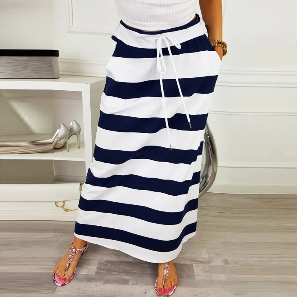 

Women Maxi Skirts Saias Summer Casual Striped Long Skirt Loose High Waist Skirts Spring Elastic Pockets Skirt #Z