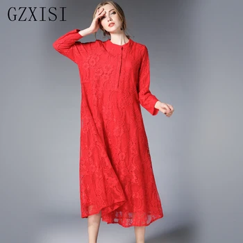 

Gzxisi women dress autumn streetwear black full lace dress plus size party vestido de festa red long dress robe femme