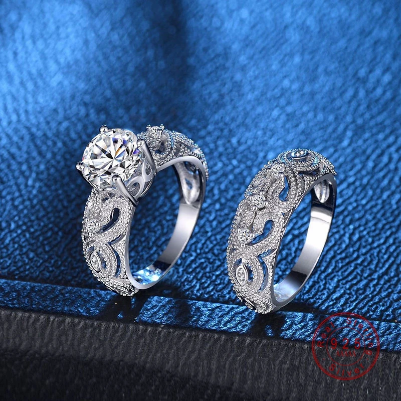 Белый Камень CZ кольцо комплекты S925 Стерлинговый Серебряный, с гравировкой ювелирные изделия для женщин, для Для женщин пара кольцо для влюбленных аксессуары
