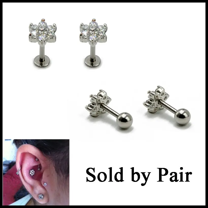 

PAIR Steel Prong Set Crystal Zircon Flower Ear Cartilage Tragus Helix Earring Piercing Labret Stud Lip Ring Charming Jewelry 16g