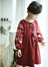 girl retro embroidered flowers dress autumn loose cotton linen lantern sleeve dresses 4-8Yrs kids holiday dress children clothes lantern sleeve embroidered rose applique dress