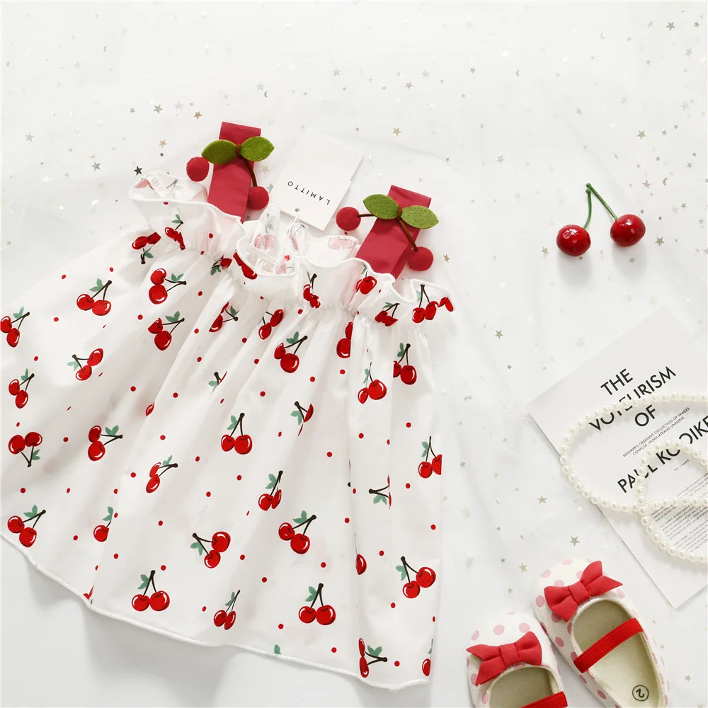 

Girls Summer Tops Cotton Cherry Pattern Baby Girls Tops Sleeveless Square Collar Fashion Girls Tee Clothes