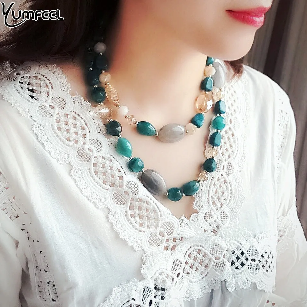 

Yumfeel Brand 5 Colors Resin Crystal Boho Ethnic Style Handmade Statement Pendant Necklace Multi Layered Necklace Jewelry Women