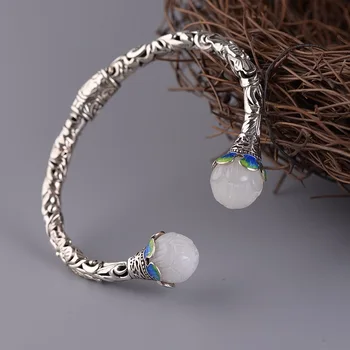 

S925 silver restoring female money riches and honor peony hollow out snap bracelet natural stone lotus Woman's bracel