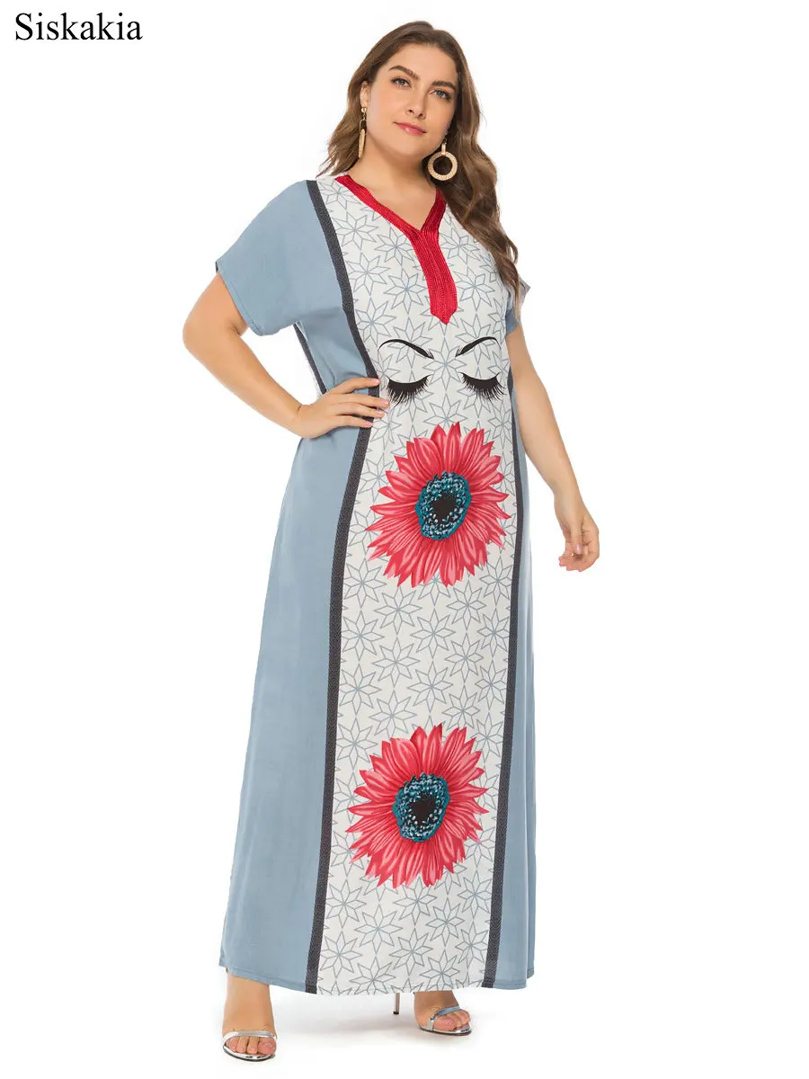 Siskakia Flower Print Plus Size Women Maxi Long Dress Vintage Loose V Neck Short Sleeve Female Dresses Blue Pink Summer 2019 New (2)