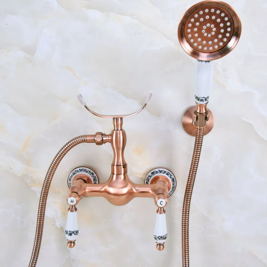 

Antique Red Copper Brass Double Ceramic Handles Wall Mounted Bathroom Clawfoot Bathtub Tub Faucet Mixer Tap w/Hand Shower ana352