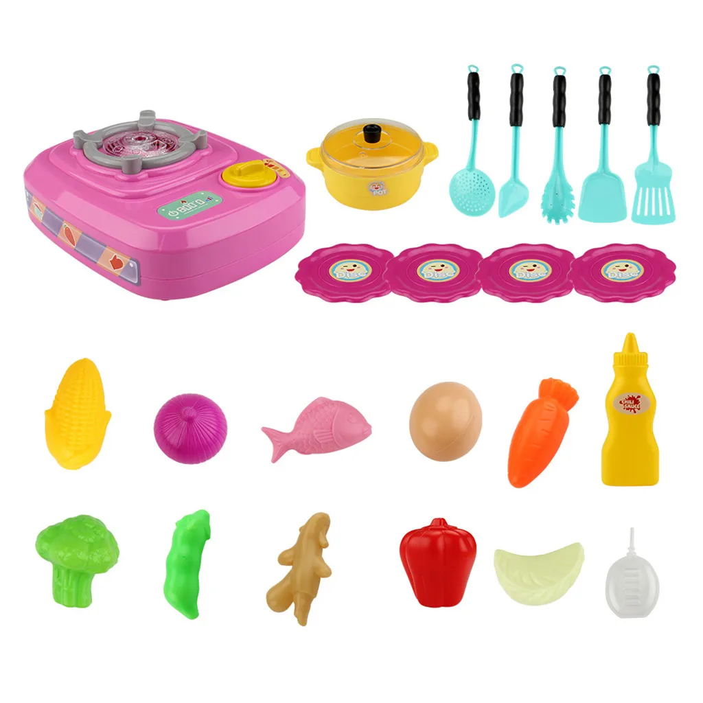 Children Pretend Role Play 23Pcs Child Kitchen Play Toy Cookware With Fog Sound Light Classic Kids Educational Pretend Toy M50
