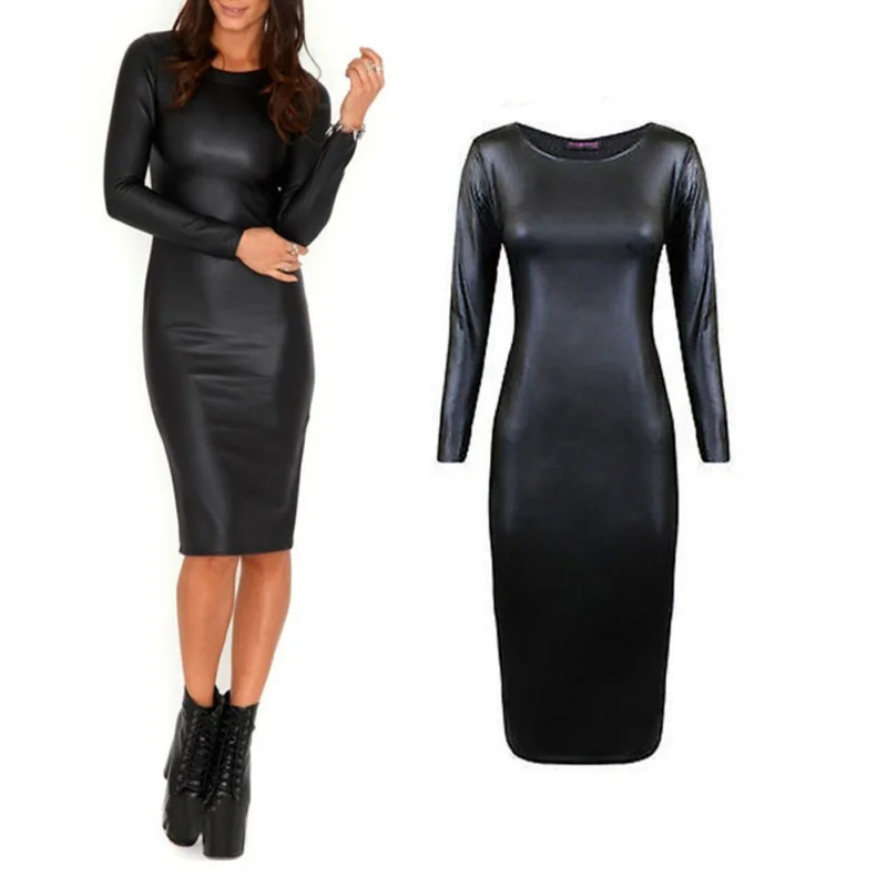  font b Women b font Faux Leather Midi font b Dress b font font b