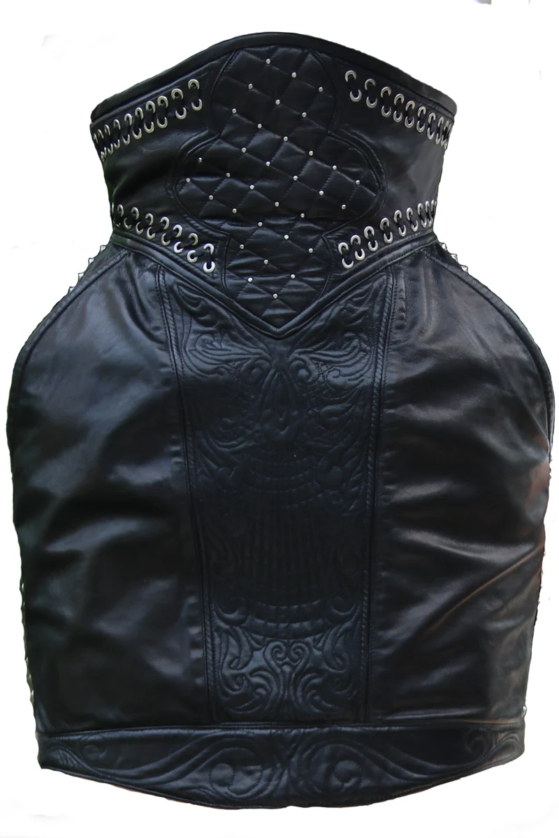 Black High Waist Riviet Above Knee Skirt Genuine Leather Mini Skirt (4)