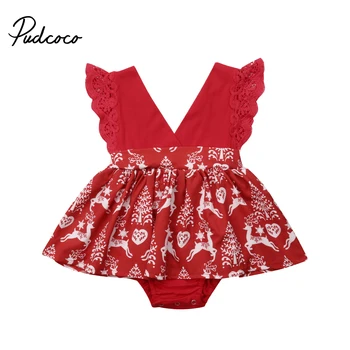 

Cute Xmas Romper Newborn Baby Girl Floral Print Romper Lace Flying Sleeve Jumpsuit Princess Girls Summer Sunsuit Outfits 0-24M
